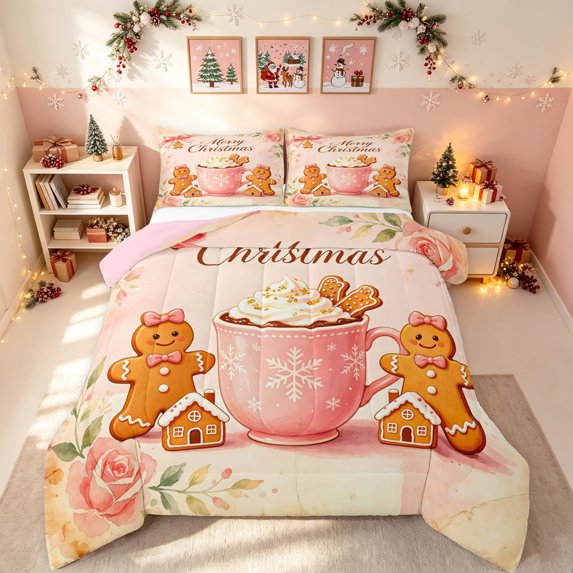 Erosebridal Merry Christmas Full Size Comforter Sets, Cocoa Gingerbread Bedding Comforter Set, Pink White, Pink Reversible, 3-Piece, 1 Comforter and 2 Pillowcases