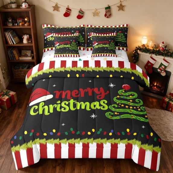 Manfei Merry Christmas King Bedding 7 Pieces Holiday King Bed in a Bag, Blue White, Xmas Reversible