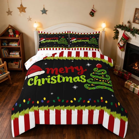 Manfei Merry Christmas Queen Comforter Set Holiday Comforter Sets Queen, Blue White 3pcs 1 Comforter and 2 Pillowcases, Xmas Reversible