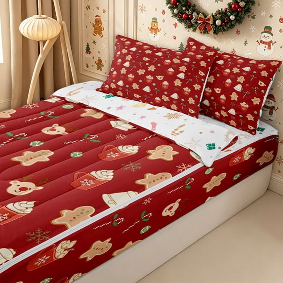 Erosebridal Merry Christmas Zipper Full Size Comforter Sets with Fitted Sheet and 2 Pillowcases,Cartoon Gingerbread Man Zipper Bedding Set,Burgundy,Reversible