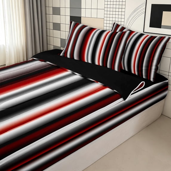 Erosebridal Metallic Stripe Zipper Twin Comforter Sets with Fitted Sheet and 2 Pillowcases for Boys Girls, Modern Abstract Line Zipper Bedding Set, Red Silver, Black Reversible, 4-Piece