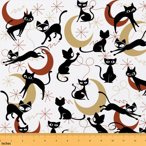 Erosebridal Mid Century Cat Fabric by the Yard 1 Yard for Boys Girls, Black Moon Star Atomic Home Decor Fabric by the Yard