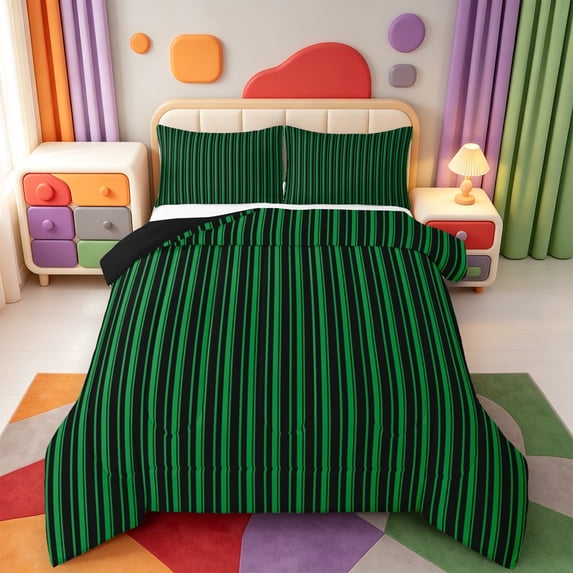 Erosebridal Mid-Century Line Pattern Full Size Comforter Sets,Modern Stripes Bedding Comforter Set,Black Reversible,3-Piece,1 Comforter and 2 Pillowcases
