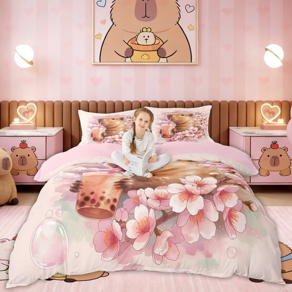 Erosebridal Milk Tea Capybara Queen Duvet Cover Set for Kid, Flower Bedding, Pink Reversible, 3 Pieces, No Comforter