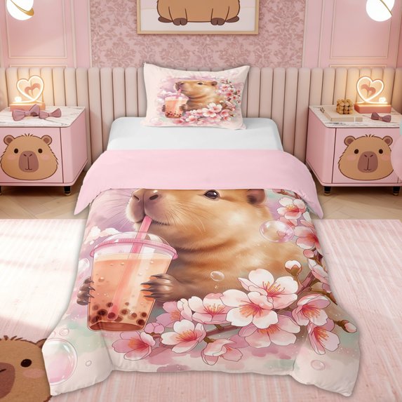 Erosebridal Milk Tea Capybara Twin Bedding for Kid, Flower Duvet Cover Set, Pink Reversible, 2 Pieces, No Comforter