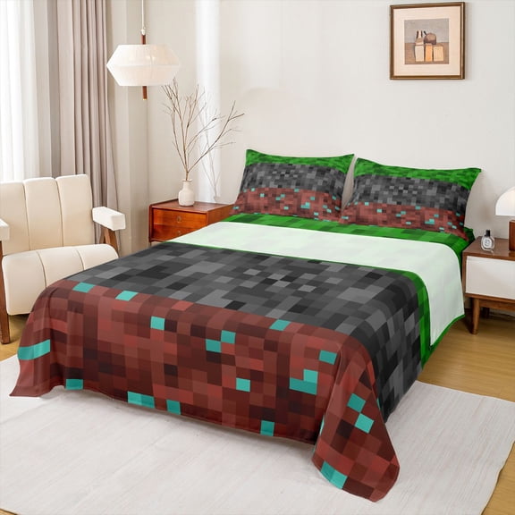 Erosebridal Miner Game Queen Sheet Sets for Kids Boys, Pixelated Theme Checkered Bed Set, 1 Flat Sheet, 1 Fitted Sheet and 2 Pillowcases