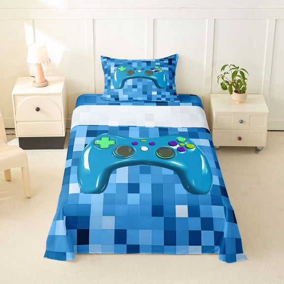 Erosebridal Miners Games Checkered Twin Sheet Sets,Gamepad Gamer Video Games Bedding For Kids 3-Piece