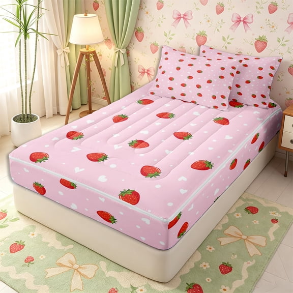 Erosebridal Mini Heart Strawberry Print Zipper Twin Comforter Sets with Fitted Sheet and 2 Pillowcases,Small Heart Dot Pale Pink Accent Zipper Bedding Set,Light Pink,4-Piece,Pink Reversible