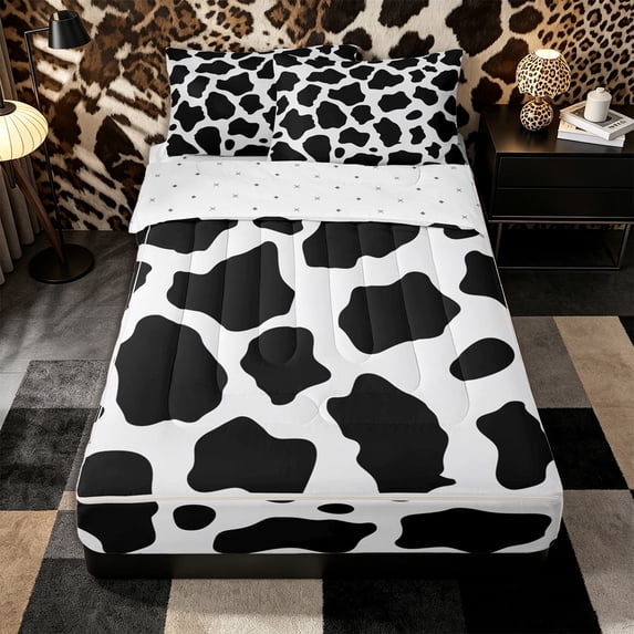 Erosebridal Minimal Cow Spot Pattern Zipper Full Size Comforter Sets with Fitted Sheet and 2 Pillowcases,Irregular Blot Print Zipper Bedding Set,Black White,Reversible