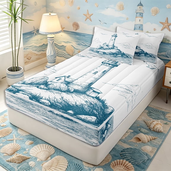 Erosebridal Minimal Line Lighthouse Print Zipper Twin Comforter Sets with Fitted Sheet and 2 Pillowcases,Coastal Rock Wave Accent Zipper Bedding Set,Navy White,4-Piece,Reversible