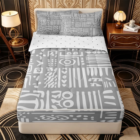 Erosebridal Minimal Tribal Pattern Zipper Full Size Comforter Sets with Fitted Sheet and 2 Pillowcases,Shape Print Zipper Bedding Set,Light Gray,Reversible