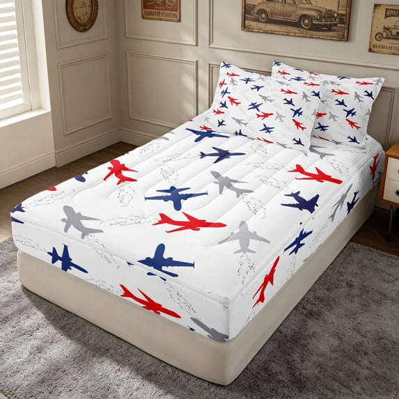 Erosebridal Minimalist Airplane Silhouette Zipper Queen Comforter Set with Fitted Sheet and 2 Pillowcases for Boys Men, Plane Trail Zipper Bedding Set, Polkadot Reversible, 4-Piece