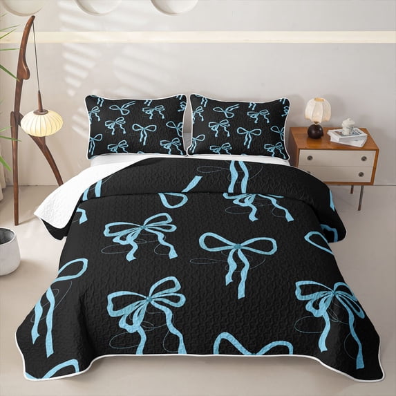 Erosebridal Minimalist Blue Bow Quilt King for Girls, Simple Ribbon Print King Coverlet Set, 3 Pieces