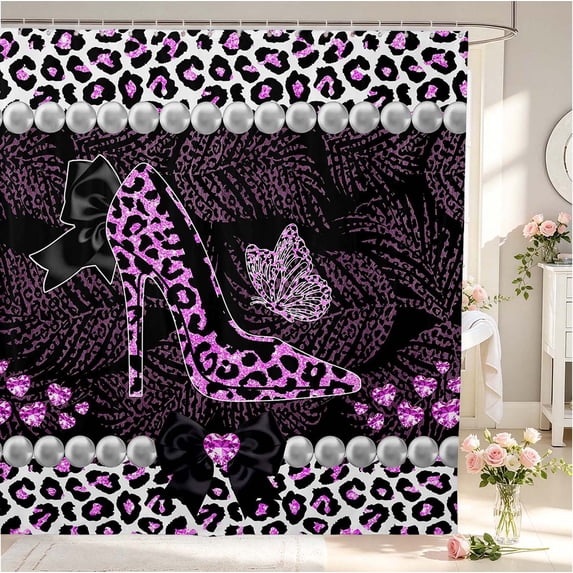 Erosebridal Minimalist Cheetah High Heels Print Shower Curtain 72Wx72L,Lovely Bowknot Pearl Bathroom Curtain,Black Pink