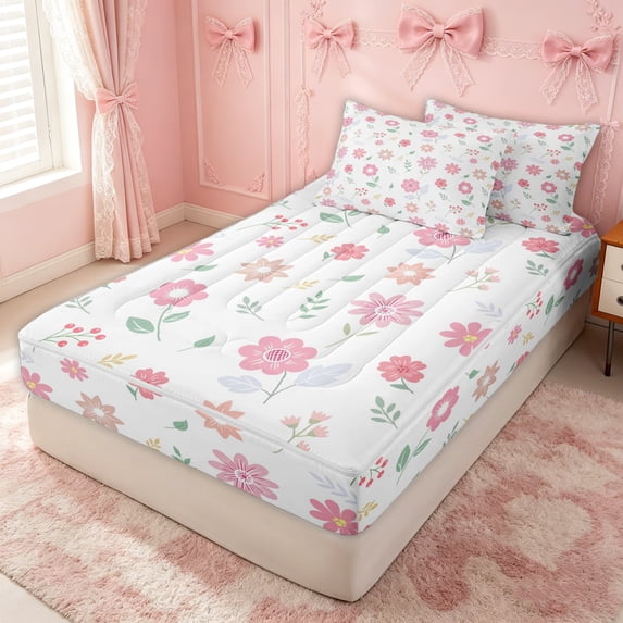 Erosebridal Minimalist Daisy Flower Zipper Queen Comforter Set with Fitted Sheet and 2 Pillowcases for Girls, Leaf Foliage Print Zipper Bedding Set, Pink Reversible, 4-Piece
