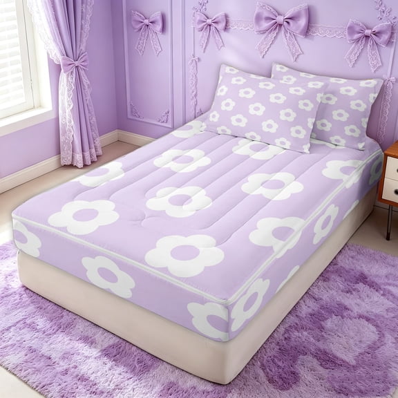 Erosebridal Minimalist Floral Zipper Twin Comforter Sets with Fitted Sheet and 2 Pillowcases for Girls, Purple Cartoon Flower Zipper Bedding Set, Polkadot Reversible, 4pcs