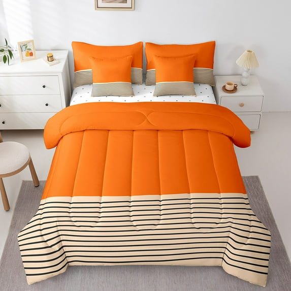 Erosebridal Minimalist Geometric Art Bed in a Bag Full Size,Geometrical Stripes Lines Bed Set,Orange Black Bedding Full Size,Microfiber Bedroom Decoration Reversible,7 Pieces
