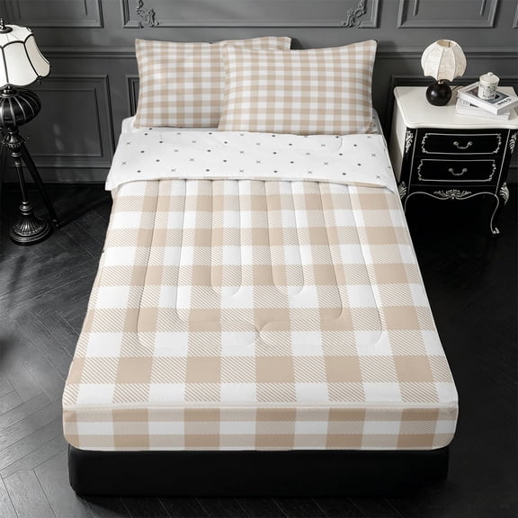 Erosebridal Minimalist Geometric Check Zipper Twin Comforter Sets with Fitted Sheet and 2 Pillowcases,Beige Light Plaid Zipper Bedding Set For Boys,Reversible,4pcs