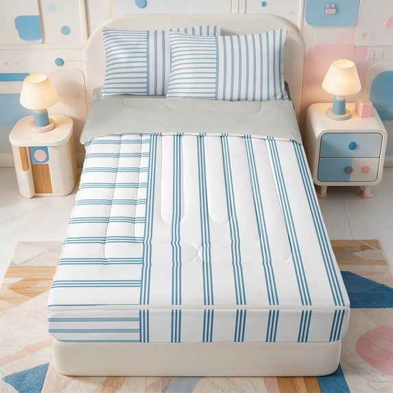 Erosebridal Minimalist Geometric Stripes Zipper Twin Comforter Sets with Fitted Sheet and 2 Pillowcases,Abstract Striped Zipper Bedding Set,Light Gray Reversible,4 Pieces