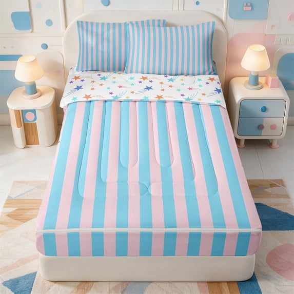 Erosebridal Minimalist Lines Zipper Twin Comforter Sets with Fitted Sheet and 2 Pillowcases,Stripes Art Zipper Bedding Set,Colorful Stars Reversible,4pcs