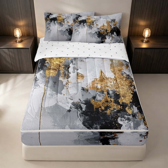 Erosebridal Minimalist Oil Painting Zipper Twin Comforter Sets with Fitted Sheet and 2 Pillowcases, Black Gold Gray Zipper Bedding Set, Reversible