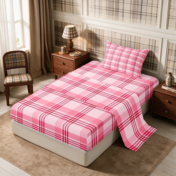 Erosebridal Minimalist Plaid Twin Sheets 3pcs,Geometric Checkered Bedding,Pink,1 Flat Sheet, 1 Fitted Sheet and 1 Pillowcase