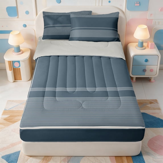 Erosebridal Minimalist Stripe Zipper Full Size Comforter Sets with Fitted Sheet and 2 Pillowcases,Linear Lines Zipper Bedding Set,Light Gray Reversible,4pcs