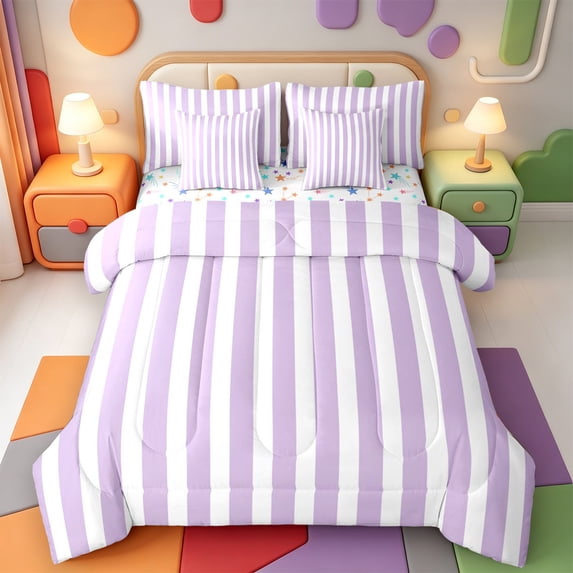 Erosebridal Minimalist Striped 7-Piece Twin Bedding,Abstract Lines Print Bedding Comforter Set,Colorful Stars Reversible