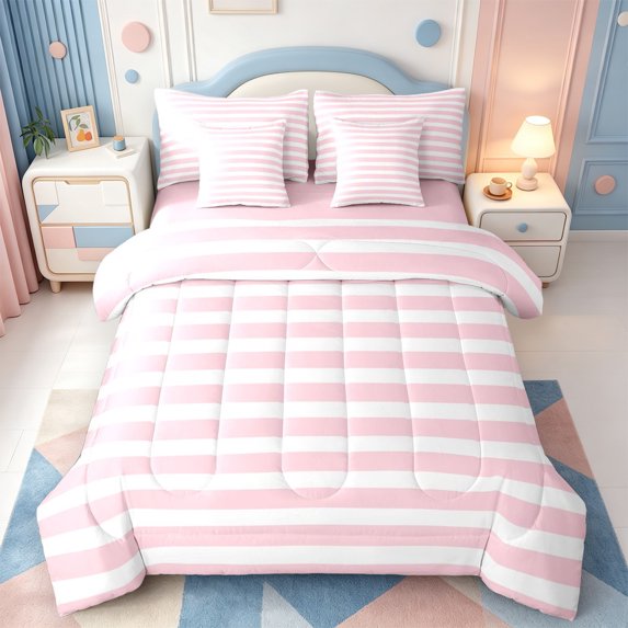 Erosebridal Minimalist Striped 7 Pieces Full Size Bedding Sets,Geometric Stripes Full Size Bed in a Bag,Pink Reversible