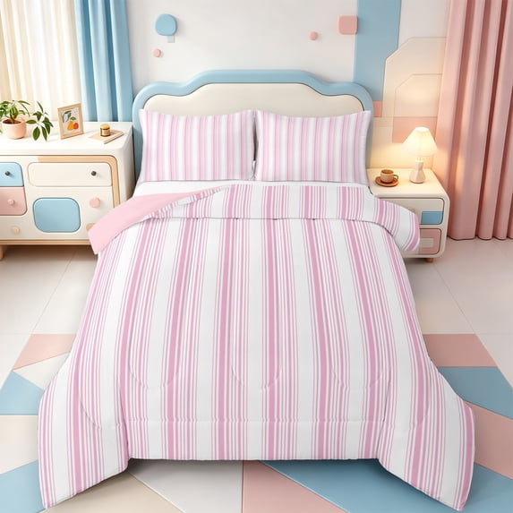 Erosebridal Minimalist Striped Full Size Comforter Sets,Geometric Line Bedding Comforter Set,Pink Reversible,3pcs,1 Comforter and 2 Pillowcases