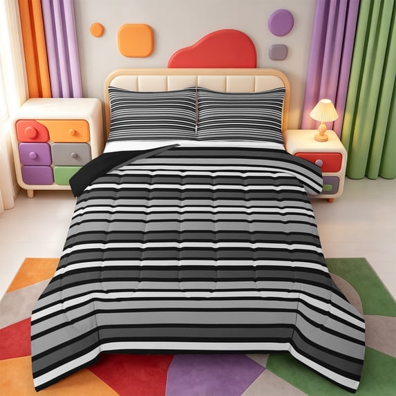 Erosebridal Minimalist Striped Full Size Comforter Sets,Stripes Art Bedding Comforter Set,Black Reversible,3 Pieces,1 Comforter and 2 Pillowcases