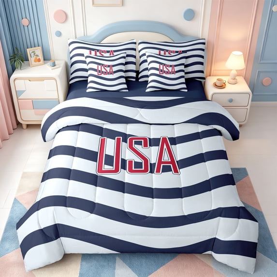 Erosebridal Minimalist Stripes 7-Piece Twin Bedding,Line Art Bedding Comforter Set,Navy Blue Reversible