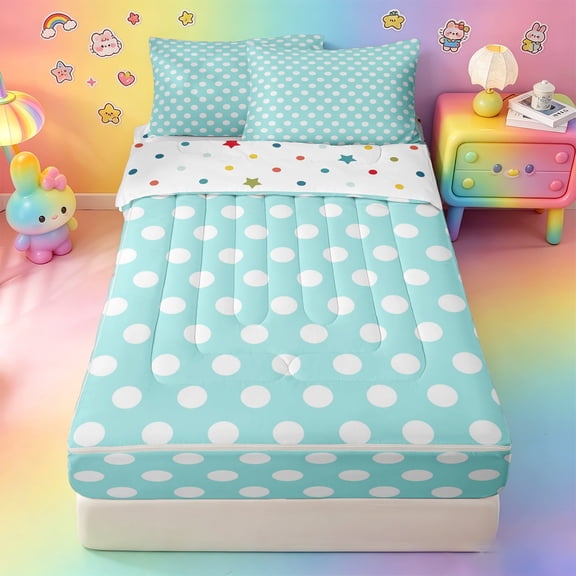 Erosebridal Mint Cyan Polka Dot Zipper Twin Comforter Sets with Fitted Sheet and 2 Pillowcases,White Round Dot Pastel Neutral Pattern Zipper Bedding Set For Girls,Polkadot Reversible,4-Piece