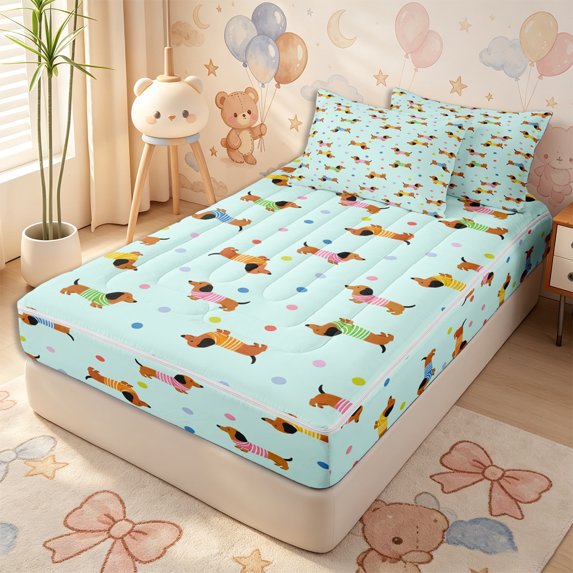 Erosebridal Mint Dachshund Grid Zipper Queen Comforter Set with Fitted Sheet and 2 Pillowcases,Vibrant Dot Zipper Bedding Set,Aqua White,4 Pieces,Reversible