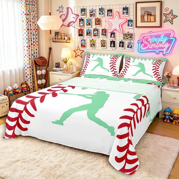 Erosebridal Mint Dripping Baseball Stitch & Batter Silhouette Graphic Queen Sheet Sets 4 Pieces, Baseball Graphic Bed Set for Boys And Girls Kids,Lightweight Room Decor