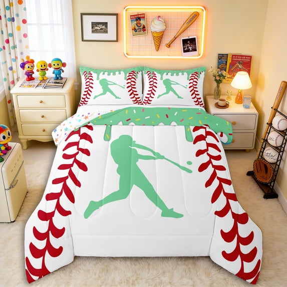 Erosebridal Mint Dripping Baseball Stitch & Hitter Silhouette Graphic Queen Comforter Set 3pcs, Baseball Graphic Bedding Comforter Set for Boys And Girls Kids,Lightweight Room Decor