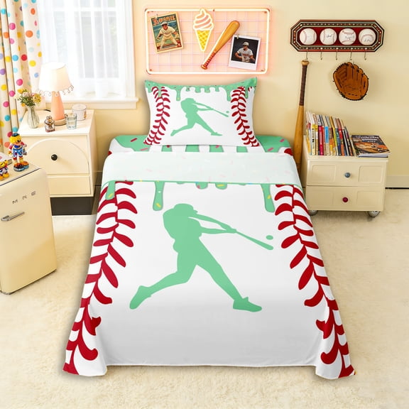 Erosebridal Mint Dripping Baseball Stitch & Hitter Silhouette Graphic Twin Sheet Sets 3pcs, Baseball Graphic Bedding for Boys And Girls Kids,Lightweight Room Decor