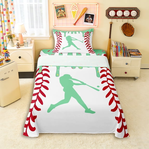 Erosebridal Mint Dripping Baseball Stitch & Hitter Silhouette Graphic Twin Sheet Sets 3pcs, Baseball Graphic Bedding for Boys And Girls Kids,Lightweight Room Decor