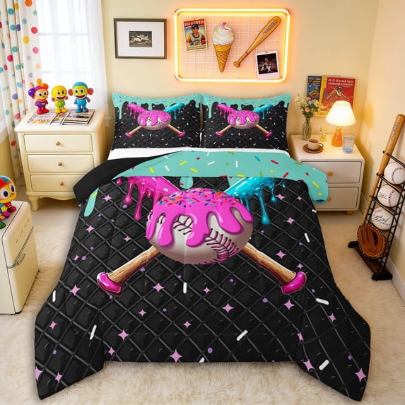 Erosebridal Mint Dripping Black Grid Pink & Cyan Baseball & Bat Graphic Full Size Comforter Sets 3 Pieces, Sport Graphic Bedding Sets for Girls Kids,Black Reversible,Luxury Bedroom Decor