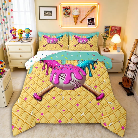 Erosebridal Mint Dripping Waffle Pink & Cyan Baseball & Bat Graphic Queen Comforter Set 3pcs, Sport Graphic Bedding Comforter Set for Girls Kids,Breathable Home Decor
