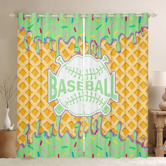 Erosebridal Mint & Purple Dripping Waffle Green Baseball & Bat Logo Graphic Blackout Curtains Set of 2 (52x84 Each), Sport Graphic Window Curtains for Boys And Girls Kids,Lightweight Room Decor