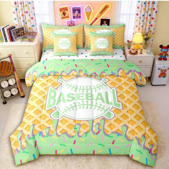 Erosebridal Mint & Purple Dripping Waffle Green Baseball & Bat Logo Graphic Twin Bedding Sets 7-Piece, Sport Graphic Bedding Comforter Set for Boys And Girls Kids,Lightweight Room Decor