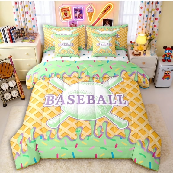 Erosebridal Mint & Purple Dripping Waffle Green Baseball & Bat Sketch Graphic Bedding Comforter Set 7 Pieces, Baseball Graphic Full Bedding Set for Boys And Girls Kids,Breathable Home Decor