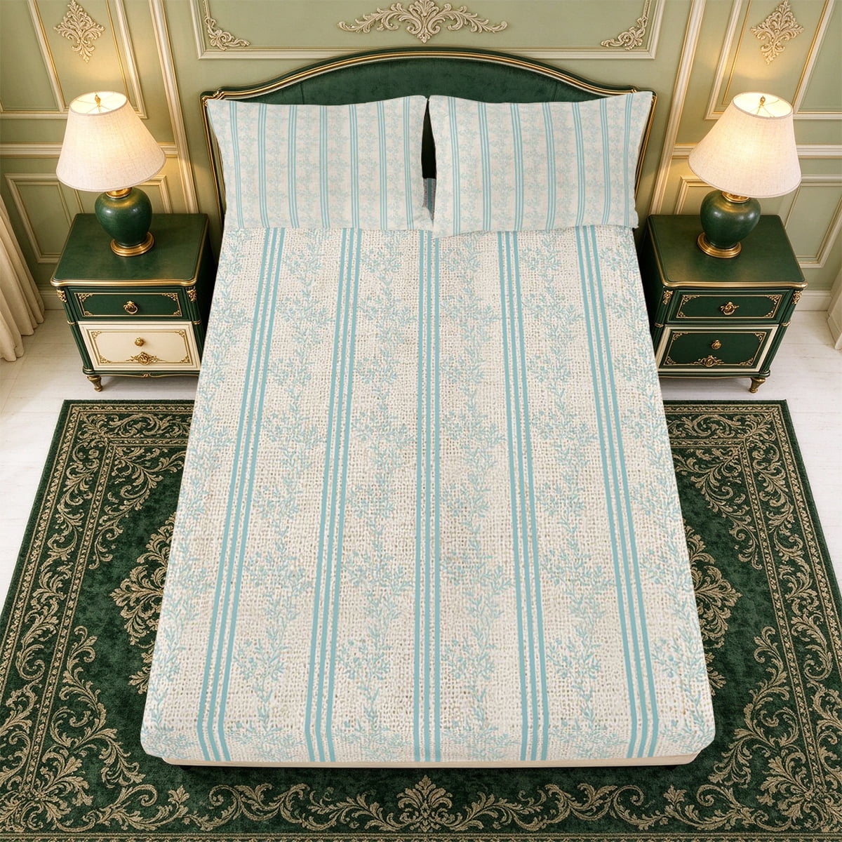 Erosebridal Mint Vertical Stripe Fitted Sheet Full,Soft Floral Vine Bed ...
