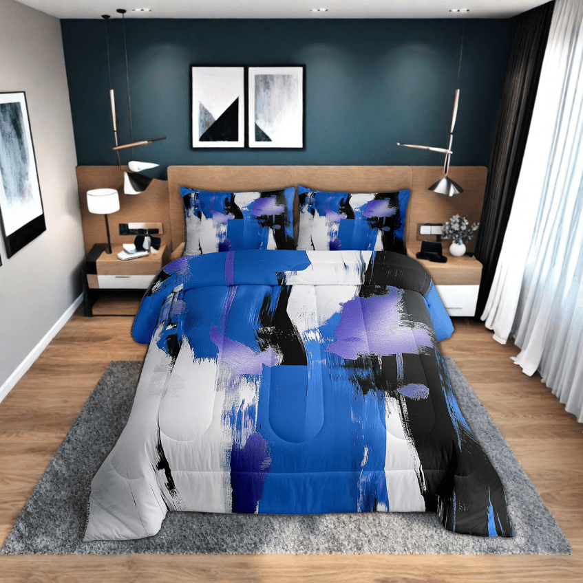 Erosebridal Modern Abstract Art Bedding Queen Comforter Set, Black Navy ...