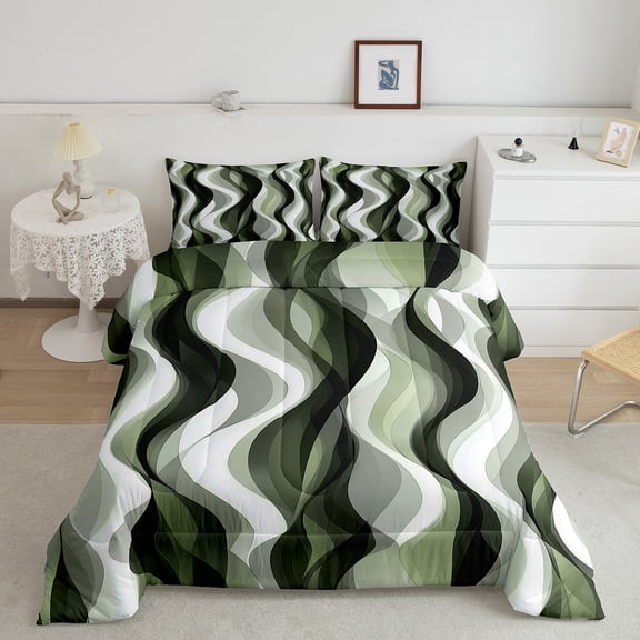Erosebridal Modern Abstract Bedding Full Comforter Set, Stripes Wave Down Comforter, Chic Geometric Reversible Comforters & Duvets, Breathable Room Decoration, 3pcs