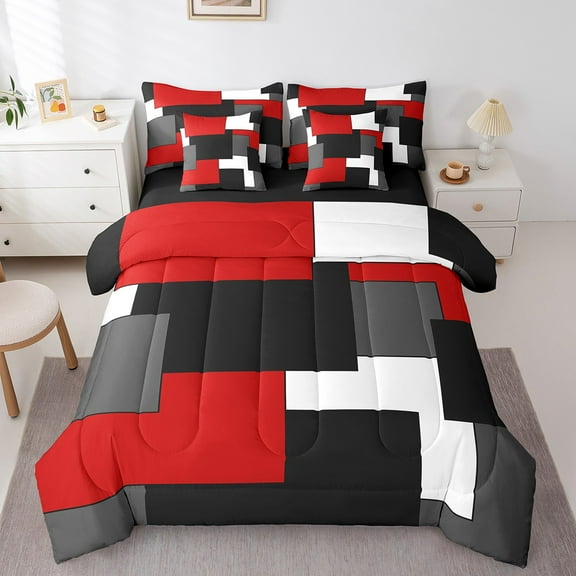 Erosebridal Modern Abstract Bedding Sets King Size, Square Geometric Comforter Sets with Sheets, Black Red Reversible Bedding King Size, Lightweight Bedroom Decor, 7 Pieces