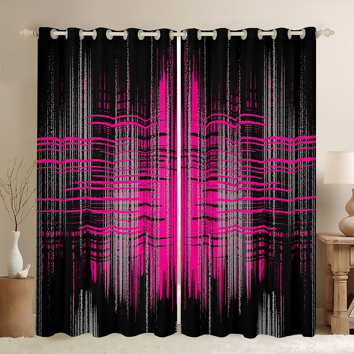 Erosebridal Modern Black Hot Pink Curtains for Living Room, Abstract ...