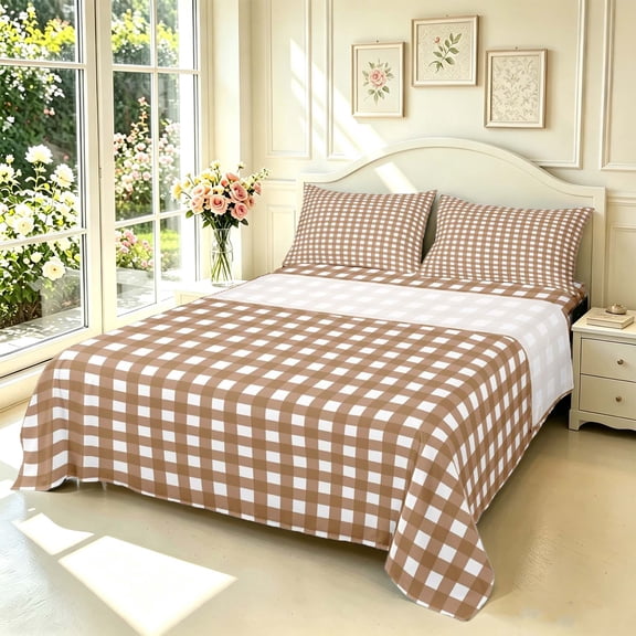 Erosebridal Modern Brown Checkered King Sheets,Geometric Check Bedding,4 Pieces,1 Flat Sheet,1 Fitted Sheet and 2 Pillowcases