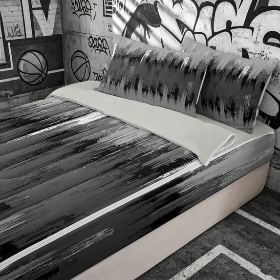 Erosebridal Modern Brush Stroke Zipper Queen Comforter Set with Fitted Sheet and 2 Pillowcases for Boys Girls, Oil Printing Texture Print Zipper Bedding Set, Gray Reversible, 4 Pieces